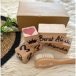 İsimli Bebek Ahşap Anı Küpleri ve Bebek Fırçası