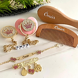 Pembe Taçlı Emzik Seti ve Tarak Fırça Seti